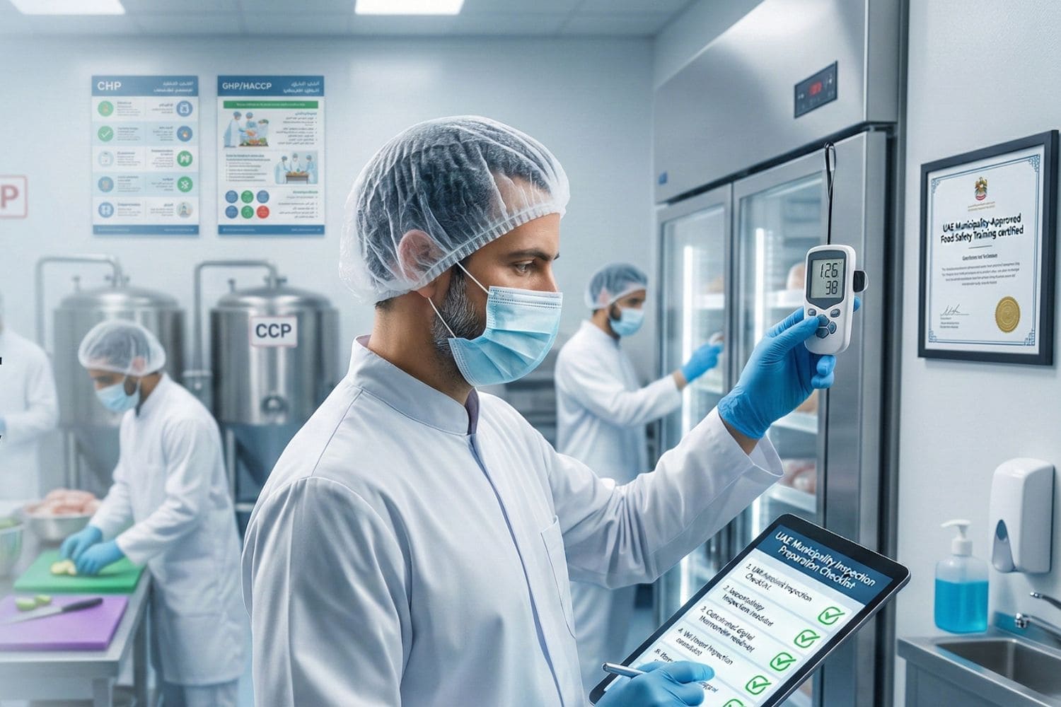 Team of food safety experts conducting a pre-inspection audit in a commercial kitchen