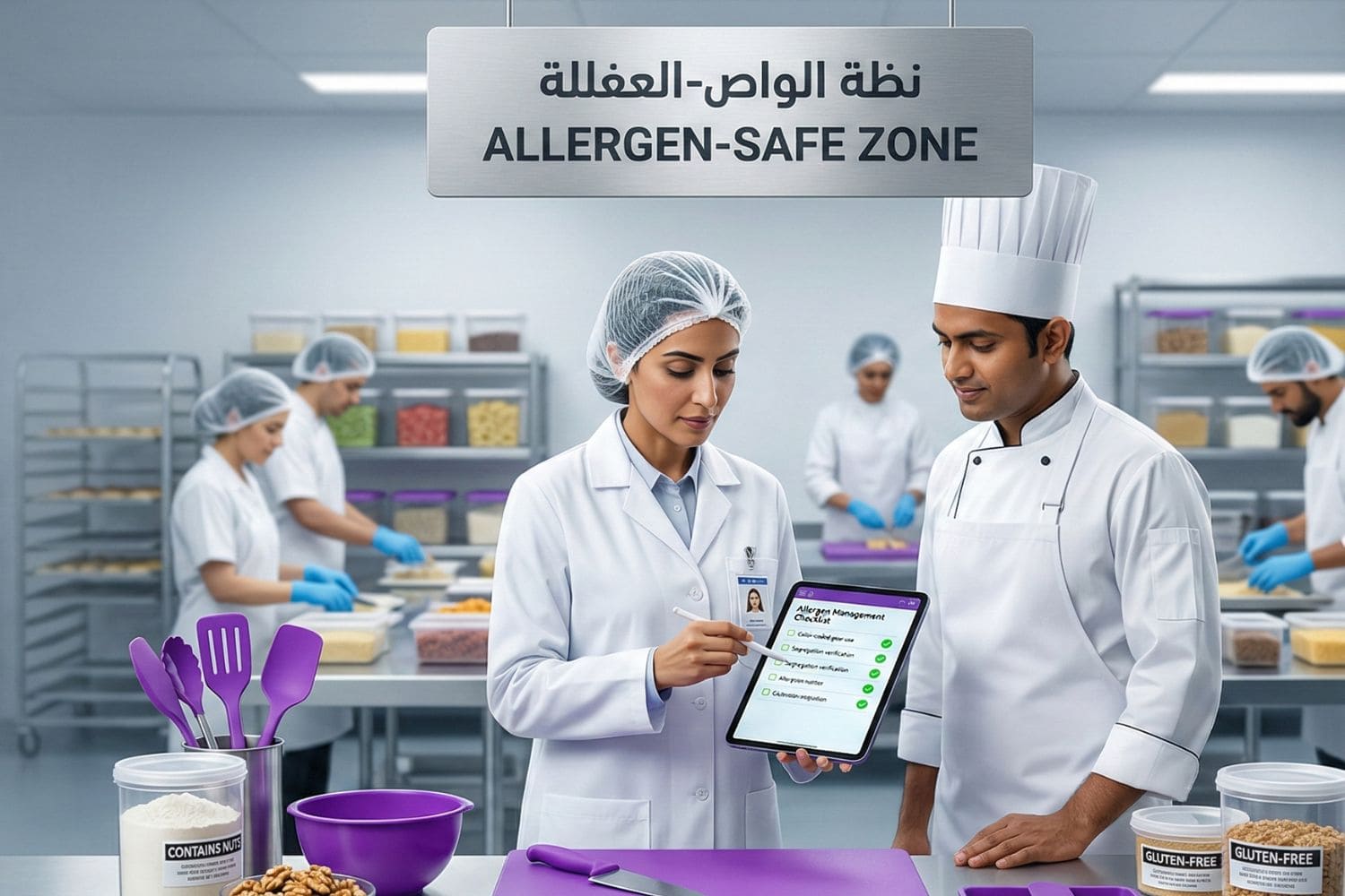 Chef using color-coded cutting boards to prevent allergen cross-contact in a commercial kitchen