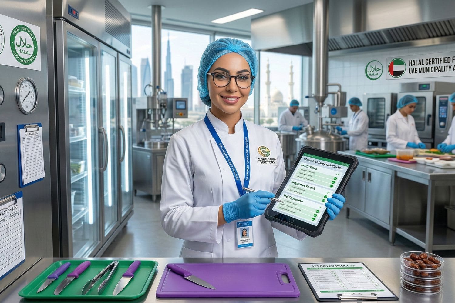 Food safety expert reviewing compliance checklist in a commercial kitchen