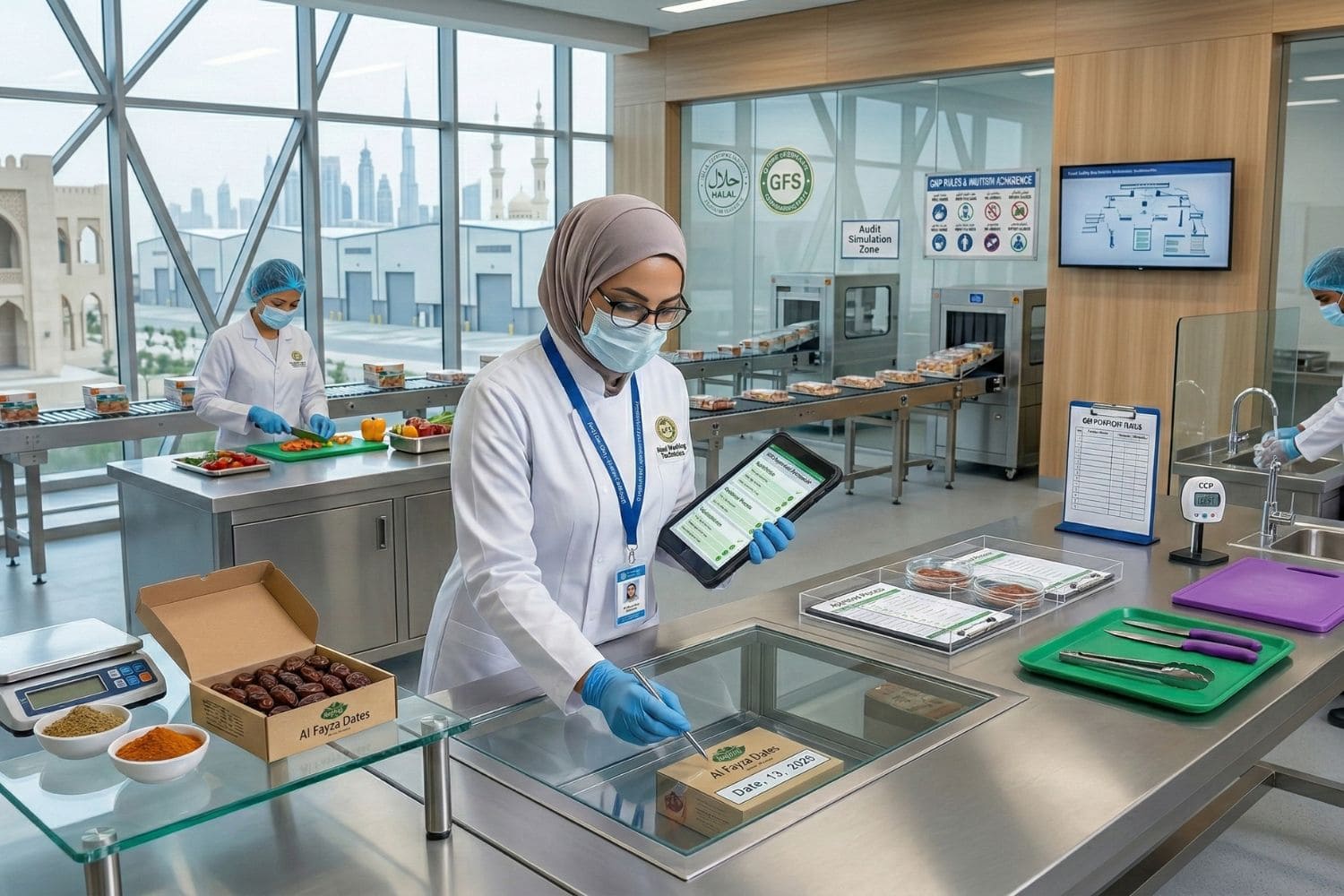 Food handlers practicing good hygiene and handwashing in a commercial kitchen