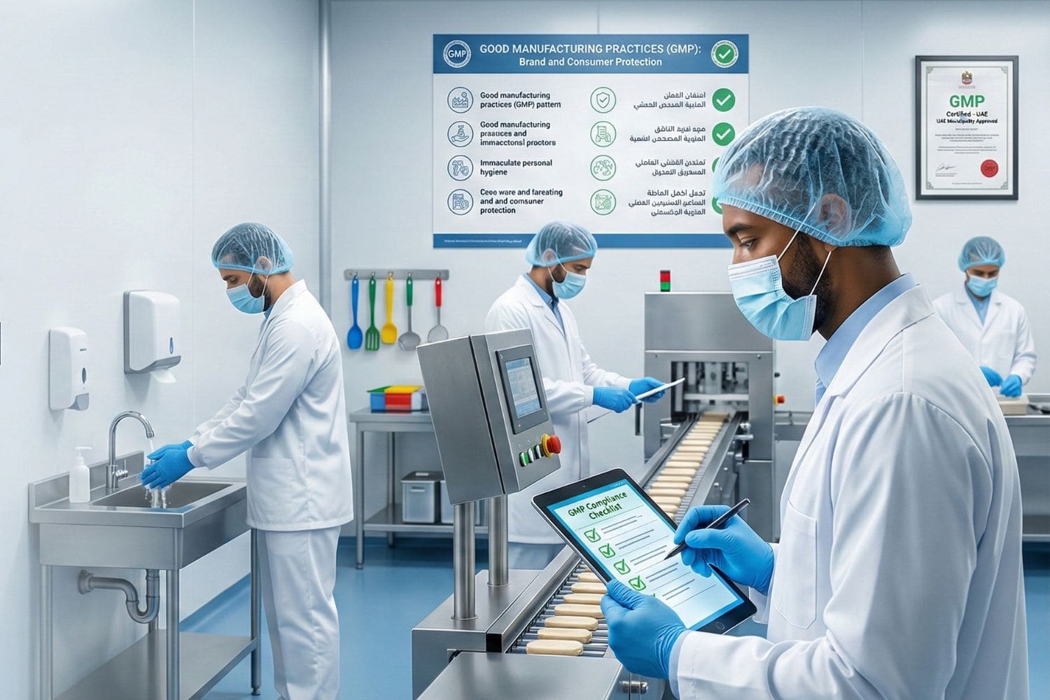 Food industry professionals demonstrating Good Manufacturing Practices in a sanitized facility