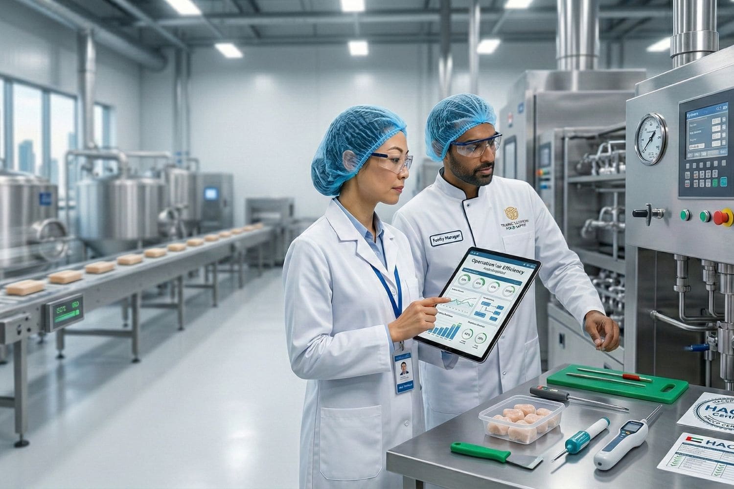 Food safety auditor inspecting a commercial kitchen