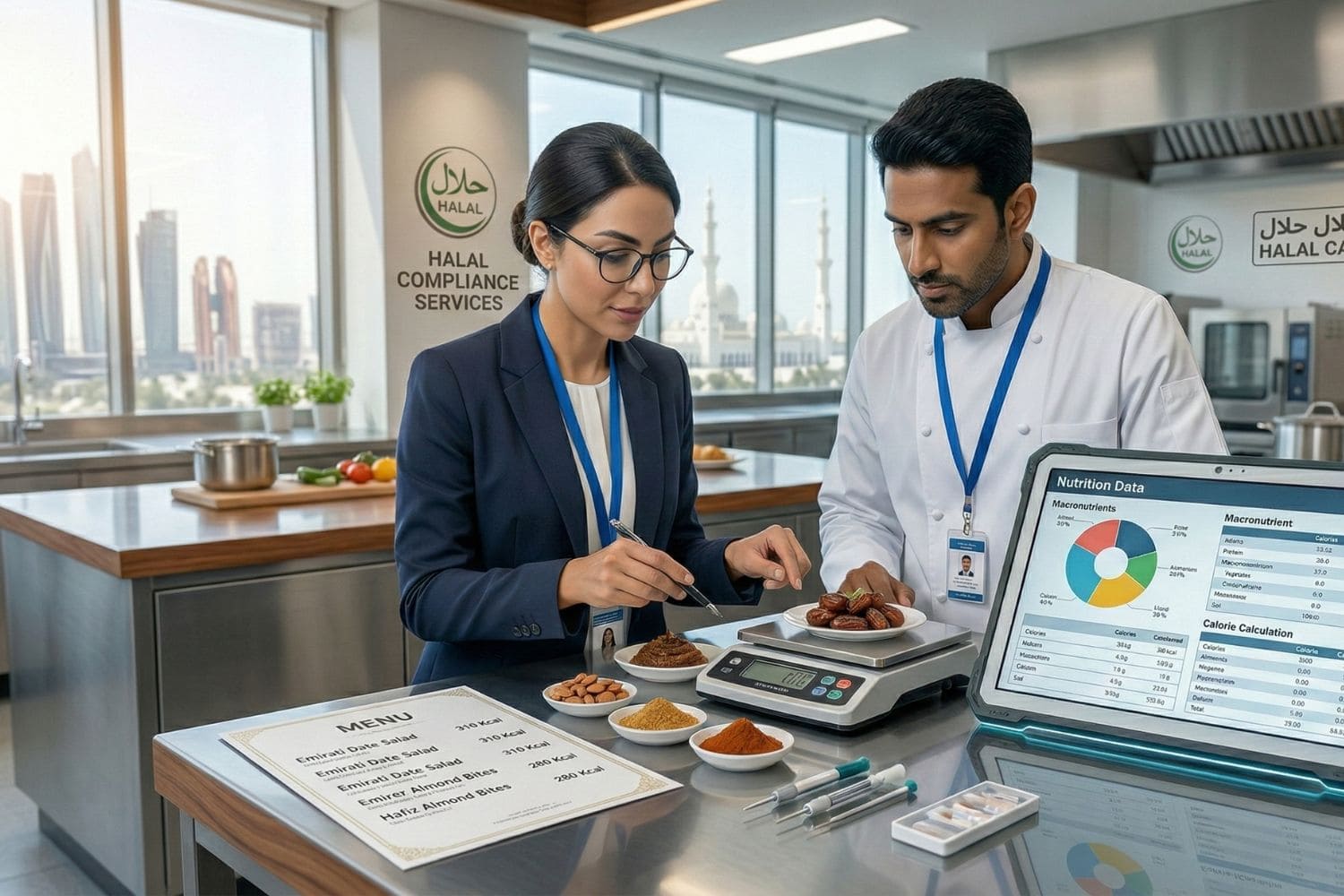 Chef and consultant reviewing recipe nutritional values